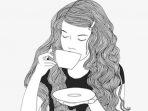 Ilustrasi perempuan menyeruput kopi